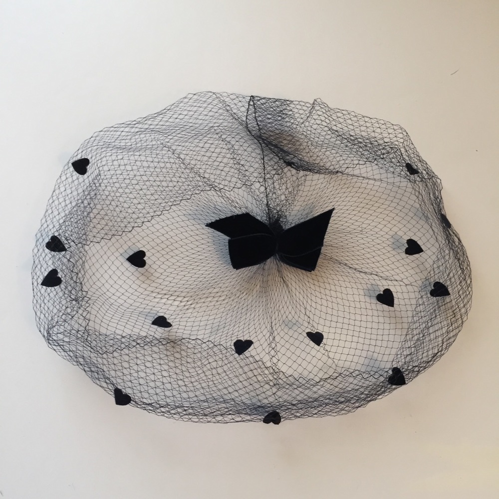 Vintage midnight blue net whimsy hat with hearts.